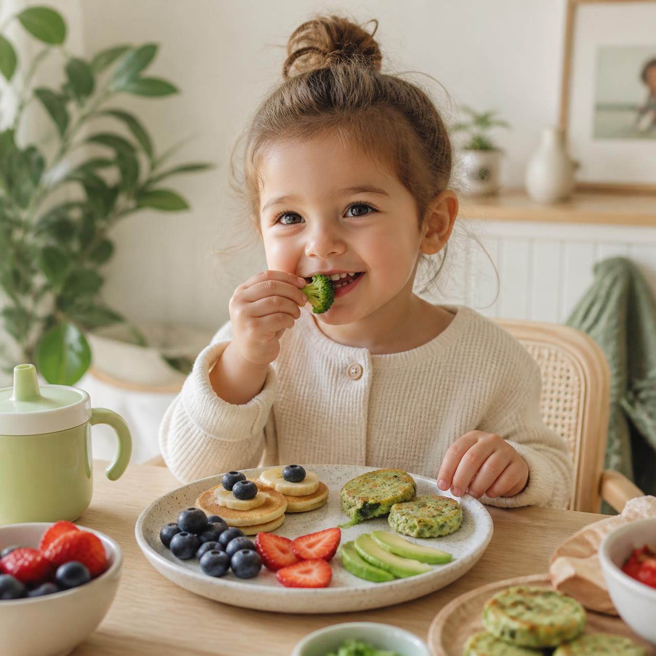 Criança sorrindo enquanto come um prato colorido com panquequinhas, frutas e bolinhos de legumes