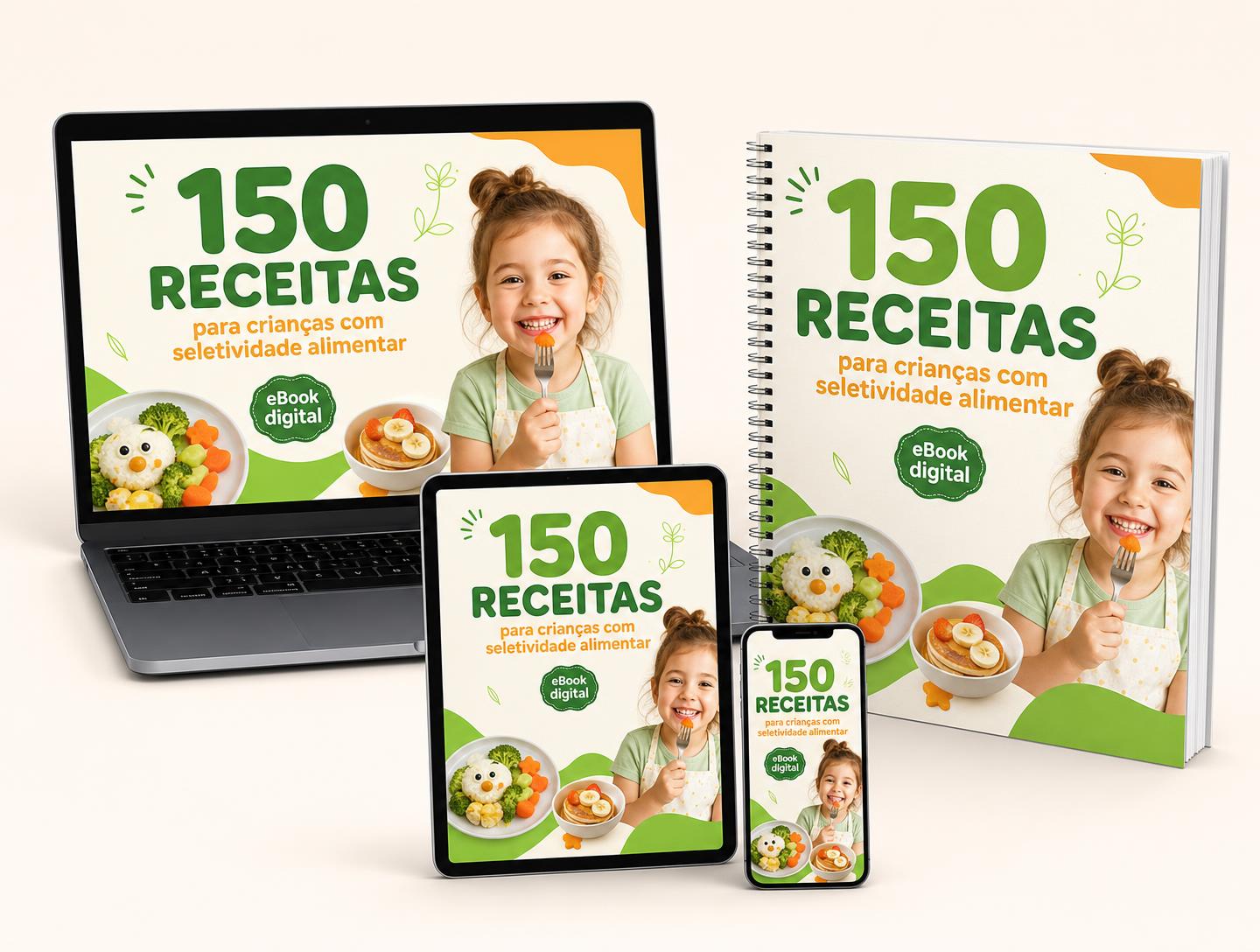 eBook 150 Receitas exibido em notebook, tablet, celular e em versão impressa