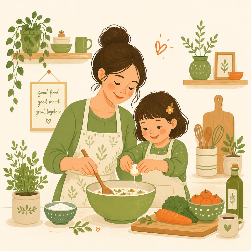 Ilustração de uma mãe e sua filha cozinhando juntas em uma cozinha aconchegante